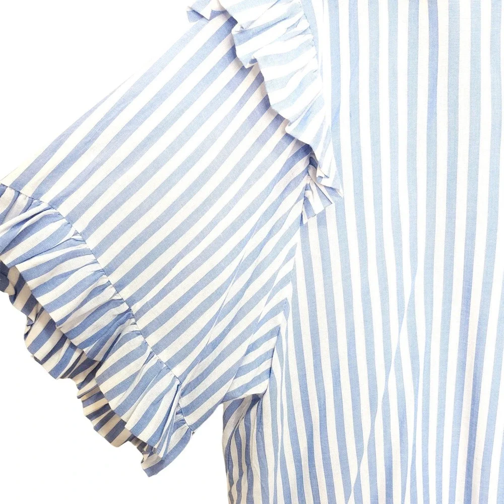 Mustard Seed Womens Large Blouse Button Front Ruffle Striped Blue White - Picture 3 of 6